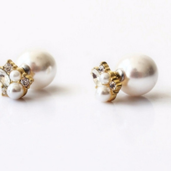 White Rhinestones Faux Pearl Earrings ♡ - Picture 3 of 8